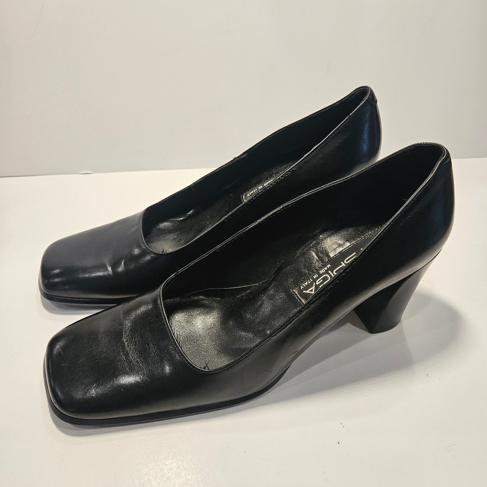 Via Spiga Black Leather Square Toe Block Heel Pumps Made in Italy Mens 8M